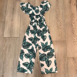 Girls Green Leaf Print Off Shoulder Jumpsuit 140 Medium Wide Leg Tropical Romper
